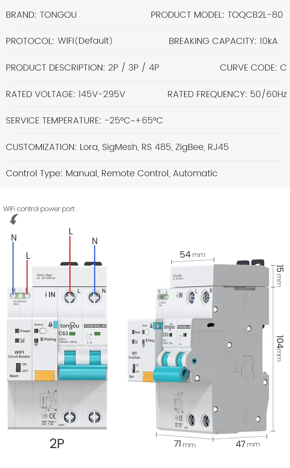 Tuya WiFi Smart RCBO Avtomat - Tongou 2P ~63A