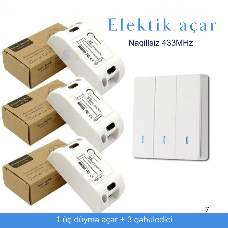 433MHz Naqilsiz üç düymə Elektrik açar və 3 ədəd qəbuledici