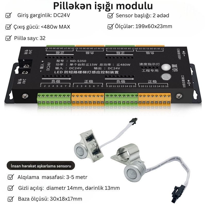 Sensorlu Pilləkən işığı bloku - 32 pillə qara