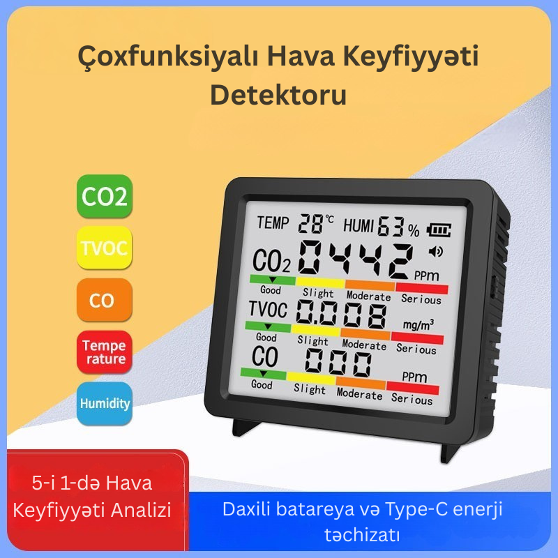 MT66 Hava Keyfiyyəti Monitoru | CO₂, CO, TVOC, Temperatur və Rütubət Ölçən