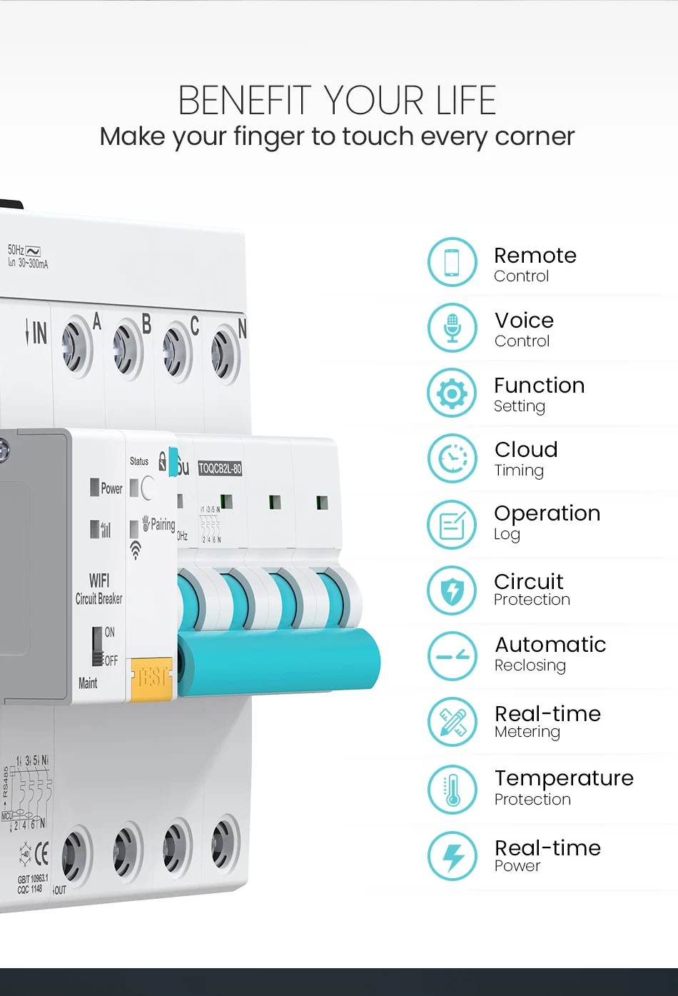 Tuya WiFi Smart RCBO Avtomat - Tongou 4P ~63A